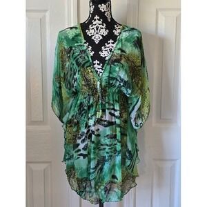 Swim & Smile Green Animal Print Sheer Kaftan Tunic Cover Up Top XL